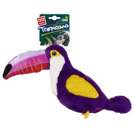 GiGwi Tropicana Toucan Purple Squeaky plush dog toy.