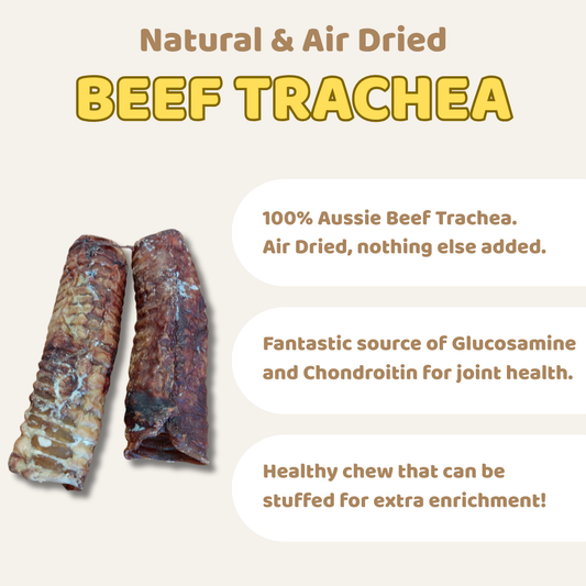 Two air-dried beef tracheas with text about their natural and air-drying process, health benefits, and usage.
