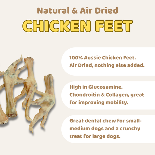 Advertisement for natural and air-dried chicken feet with text about their benefits.