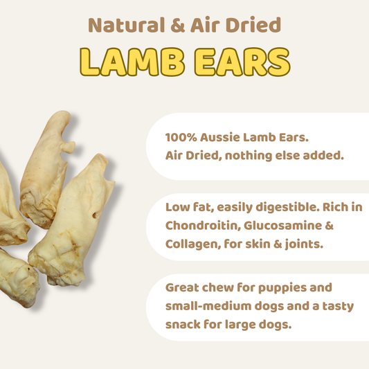 Advertisement for natural and air-dried lamb ears with text on a beige background