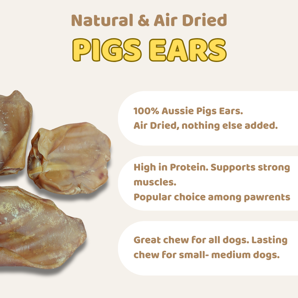 Air dried pig ears with text about their natural and air-drying process, protein content, and benefits for dogs.