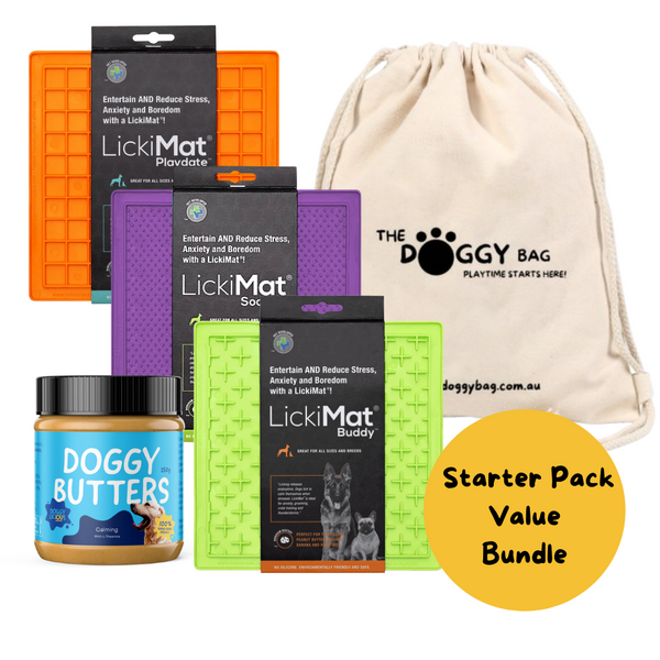 Licks get it started Lick Mat Starter Bundle for Dogs Original. Features 3 x LickiMats and Doggylicious Doggy Butter. Perfect Enrichment for dogs helps reduce Anxiety and Boredom.