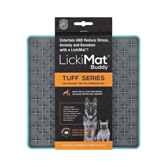 LickiMat® TUFF Range is suitable for Dogs that like to chew or Teething Puppies. LickiMat® Buddy- Perfect for treats like Peanut Butter, Mashed Banana and Raw food.Lick mats are an all round Enrichment product for pets. A versatile product that has many benefits and uses such as Anxiety reliever, Treat Feeder, Training Aid, Boredom Buster and slow feeder.  Lick Mats can help reduce Anxiety and Boredom in your pet. The extended action of licking releases a calming hormone in Dogs.