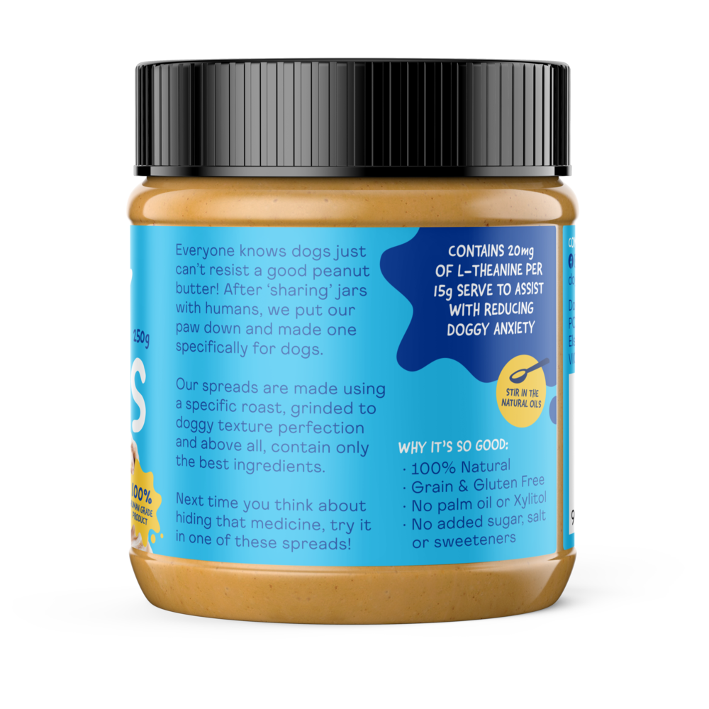 Doggylicious Calming Peanut Butter. Perfect for use n LickiMats and in treat dispensing dog toys. Calming Butter may help reduce anxiety in your dog.