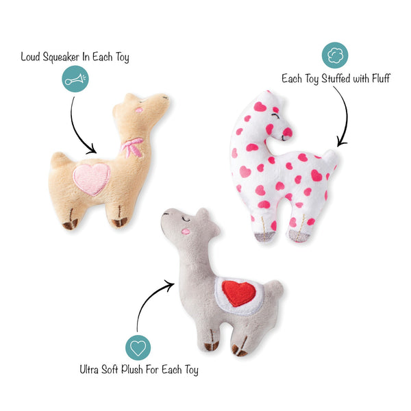 Fringe Studio Love Llamas 3-piece Small Plush Dog Toy Set. Great squeaky plush dog toys for small dogs.