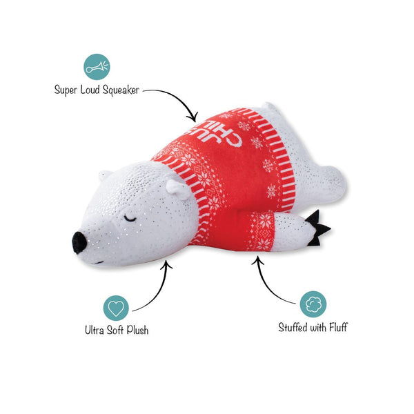 Fringe Studio Holiday Christmas "Chill Mode" Polar Bear is the squeaky toy your pet needs to bust boredom all day long