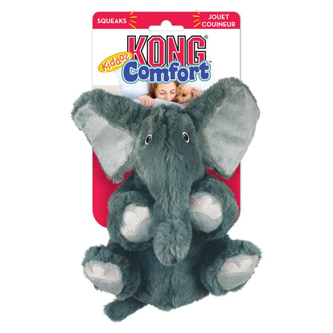 KONG comfort kiddos plush low tone squeaker dog toy suitable for puppies and adult dogs alike. Perfect for snuggle time and quiet indoor playtime. Elephant dog toy.