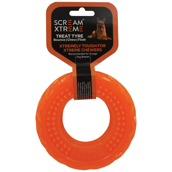 Scream Xtreme Treat Tyre Loud Orange Xlarge Tough Dog Toy for Power Chewers