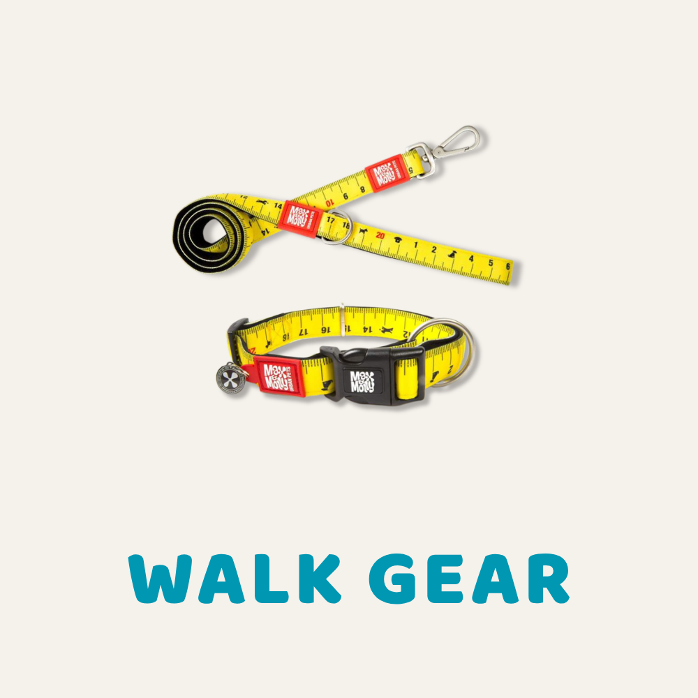 WALK GEAR COLLECTION IMAGE. IMAGE OG A COLLAR AND LEAD SET WITH A RULER DESIGN IN YELLOW AND BLACK.