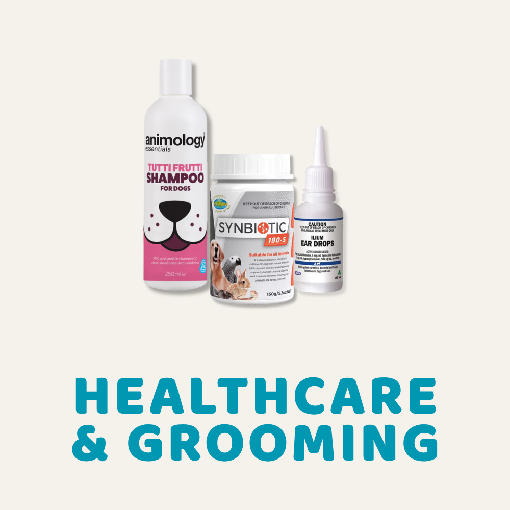 Collection title Healthcare and Grooming, image of dog shampoo, supplements and ear drops.