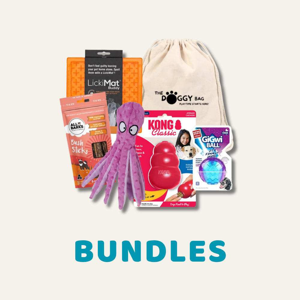 Dog toy and Treat Bundles, image of a Doggy Bag Enrichment Bundle with text Bundles.