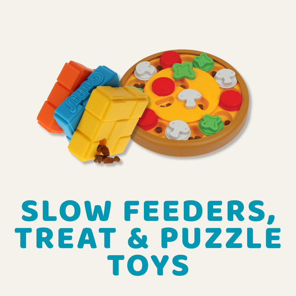 Collection image for "slow feeders treat and puzzle toys" showing guru puzzle cube and brightkins puzzle toy.