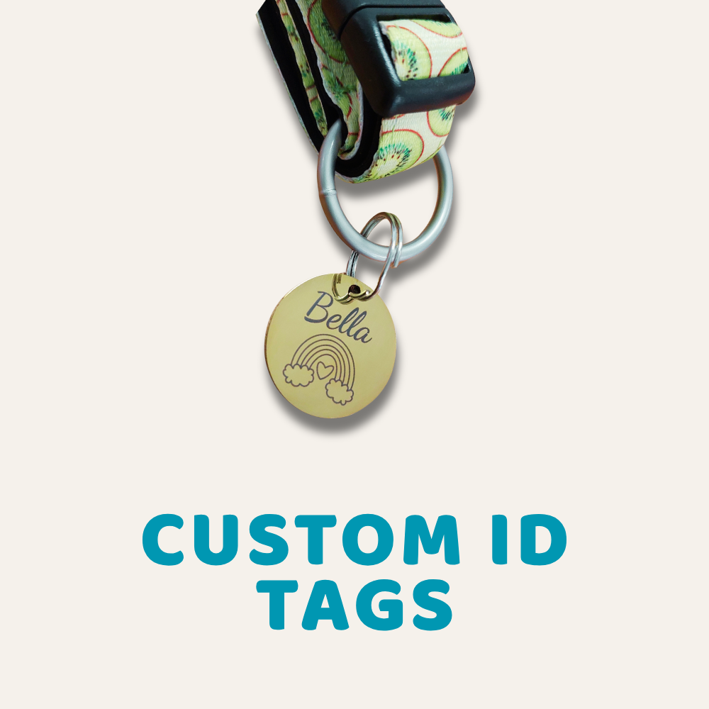 Collection image for Custom Pet id Tags. Image of a Collar with a round metal tag with rainbow design.