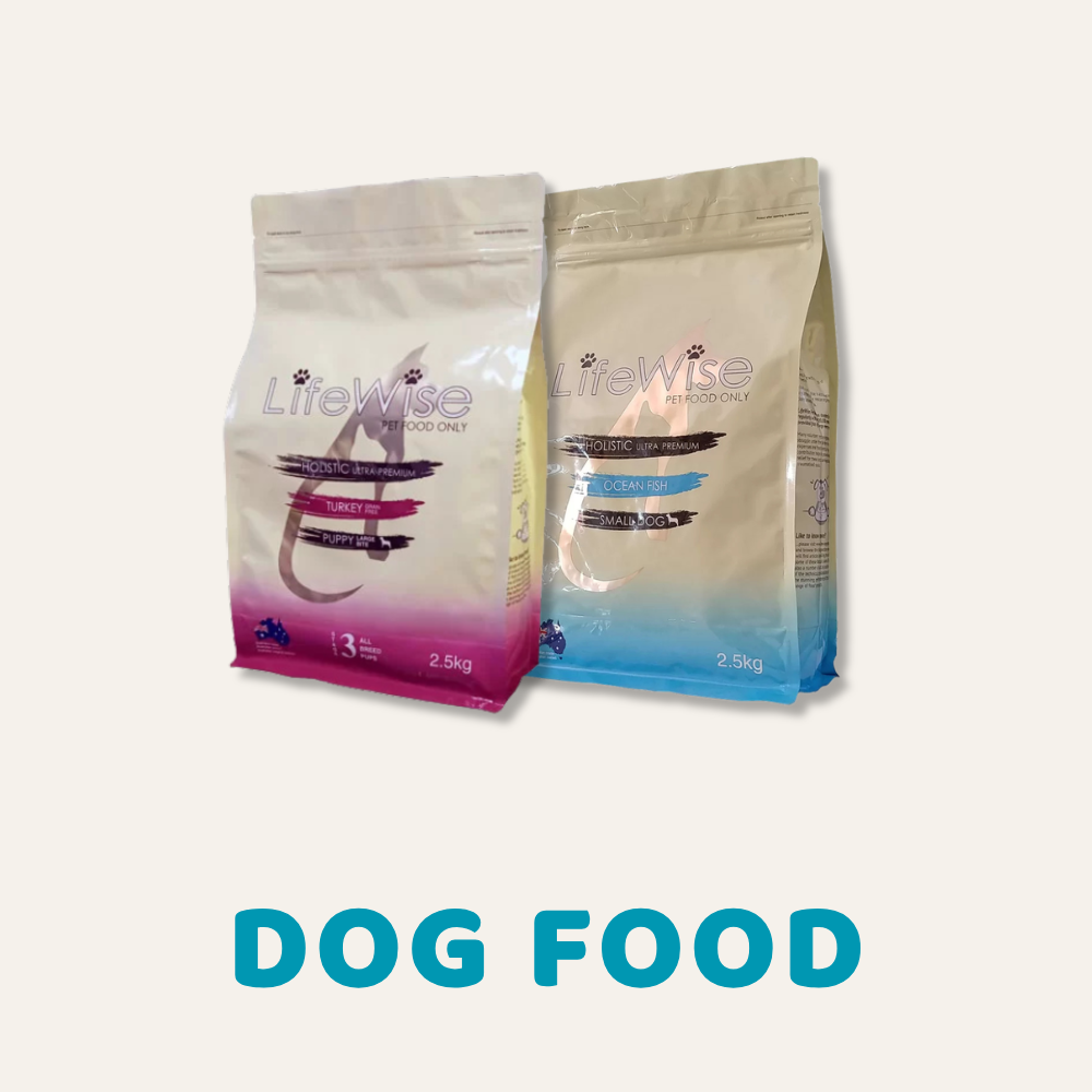 Dog food collection image. Image shows 2 bags of lifewise dog food 2.5kg size bags.