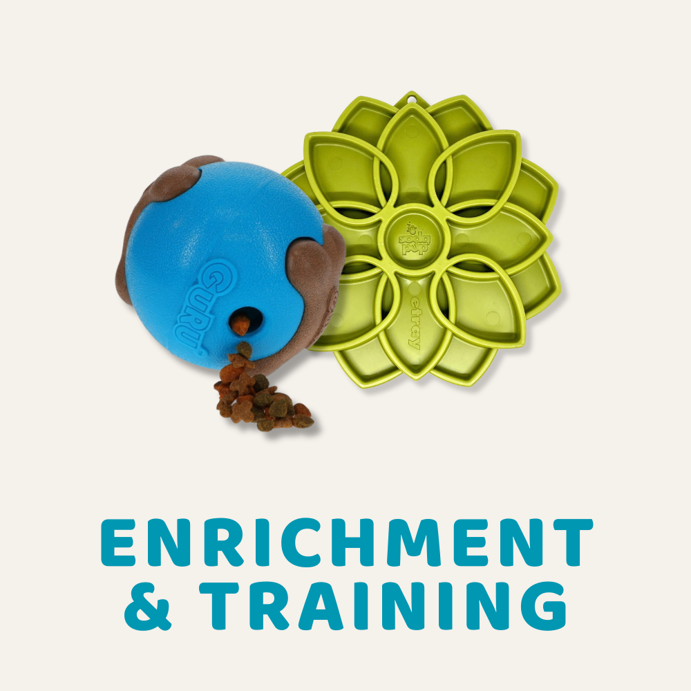 an image of GURU puzzle toy and sodapup mandala slow feeder bowl with text underneath "enrichment and training"