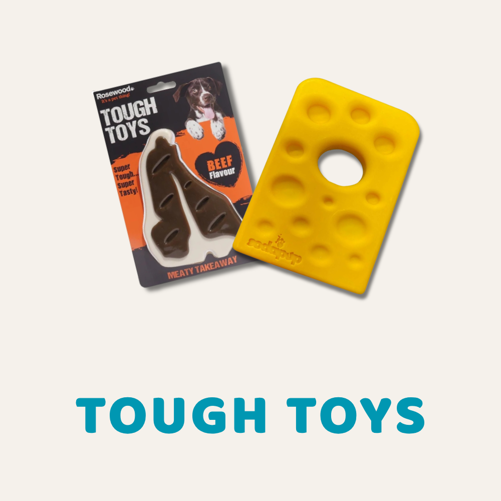 Tough Toys Collection image with a picture of Rosewood meaty chew and sodapup nylon swisse cheese toys.