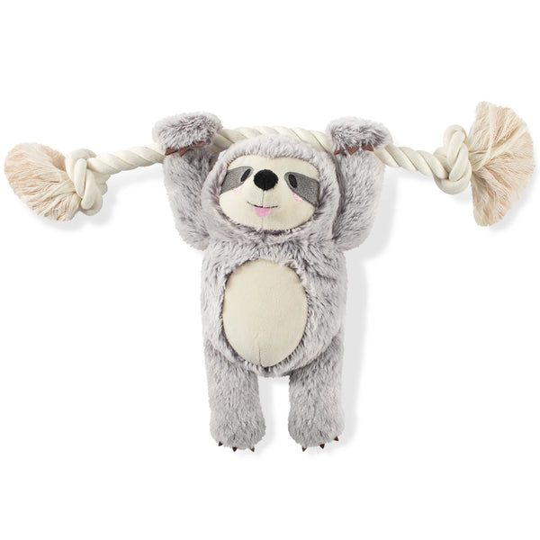 Grey Sloth Dog Toy, Sloth plush hanging on a rope.