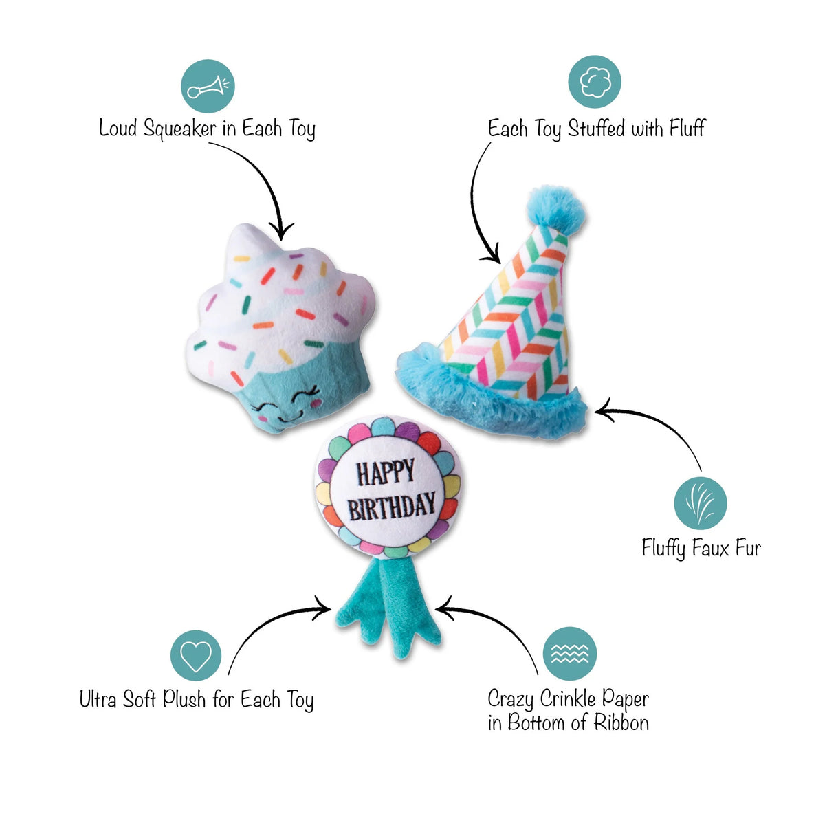 Fringe Studio Happy Barkday Plush 3-Piece Squeaky Dog Toy Set