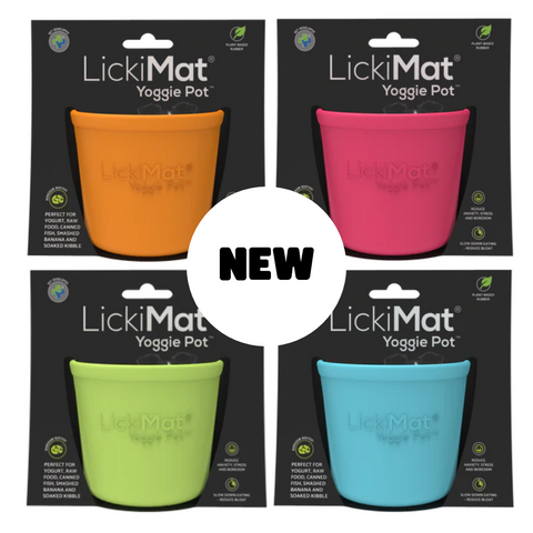 The Yoggie Pot from LickiMat. Slow feeder enrichment for dogs. Help to fight boredom in dogs. Helps reduce anxiety and stress in dogs. Great for crate training.