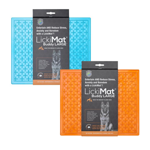 LickiMat Slow feeder dog enrichment for anxious, bored dogs. LickiMat Buddy Blue and Orange XLarge size.