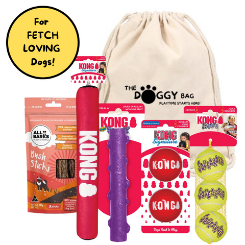 The Doggy Bags Fetch it bundle is for dog sthat love to play fetch. Featuring different balls from KONG and KONG signature stick, together with Australian made aussie bbq mini snags from All Barks.