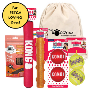 The Doggy Bags Fetch it bundle is for dog sthat love to play fetch. Featuring different balls from KONG and KONG signature stick, together with Australian made aussie bbq mini snags from All Barks.