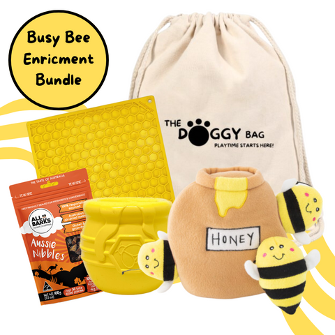 NEW "Busy Bee" Enrichment Dog Toy and Treat Doggy Bag Bundle