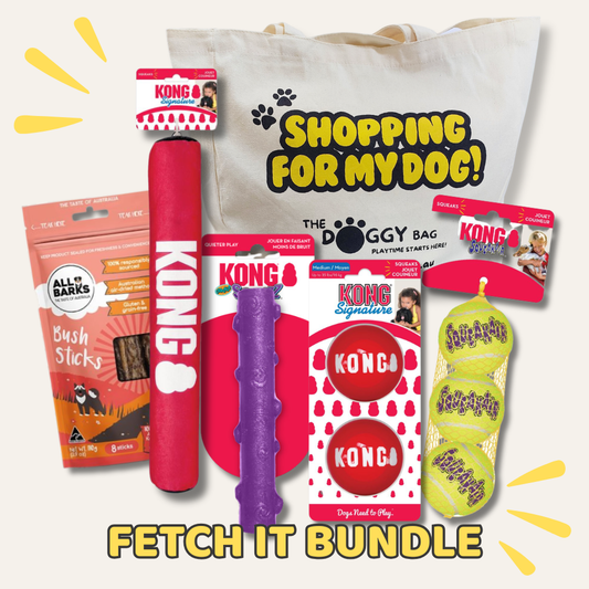 Dog toy and treat bundle with KONG products and a 'Shopping for My Dog!' bag on a white background.