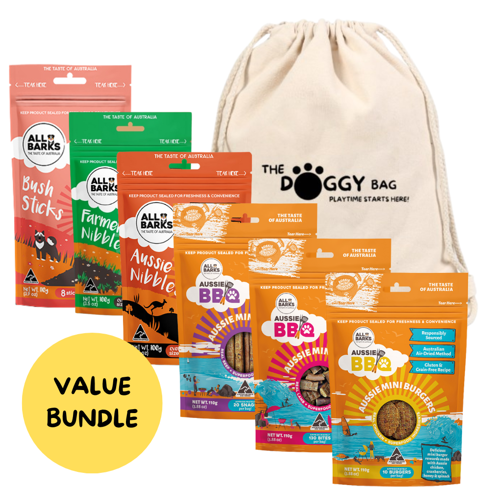 All Barks Australian made Dog Treats. Dog Treats are great for Training rewards. Dog Treats your dog will love. The Doggy Bag Dog Treat Bundle, Best value Dog Treats for all Dogs.