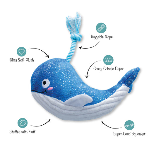 Whale dog toy with rope and features