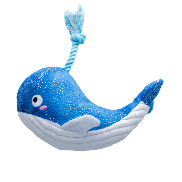 Whale Dog Toy By Fringe Studio, Sparkly blue whale with rope.