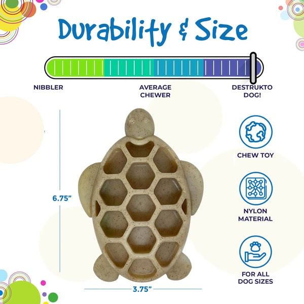 Soda pup Turtle nylon chew toy for dogs. Suitable for power chewers. Tough dog toys. Durability Chart.