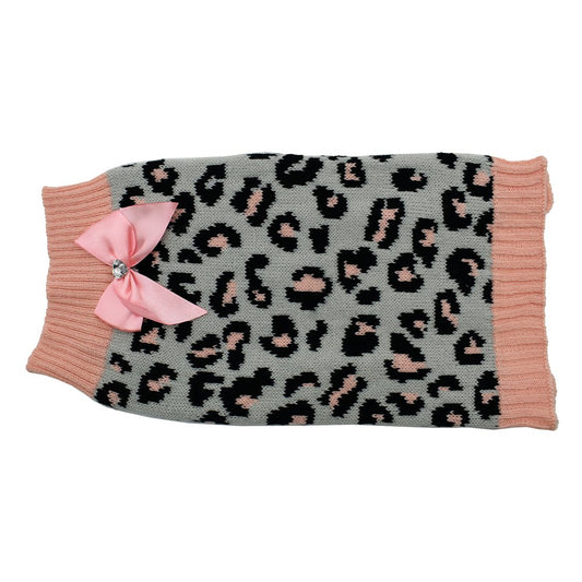Zeez Knitted Sweater- Leopard Pink With Bow