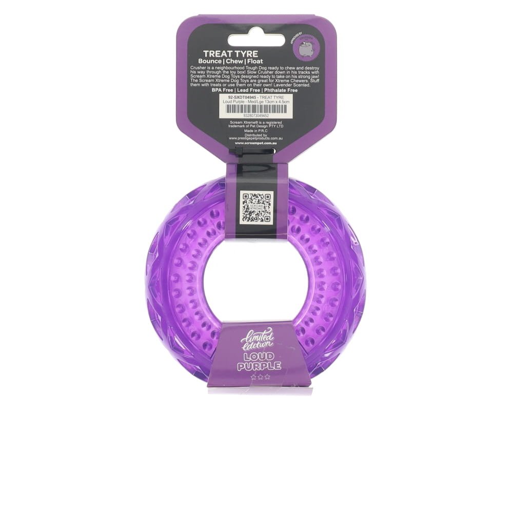Limited Edition- Scream Xtreme Treat/Chew Tyre Dog Toy Loud Purple
