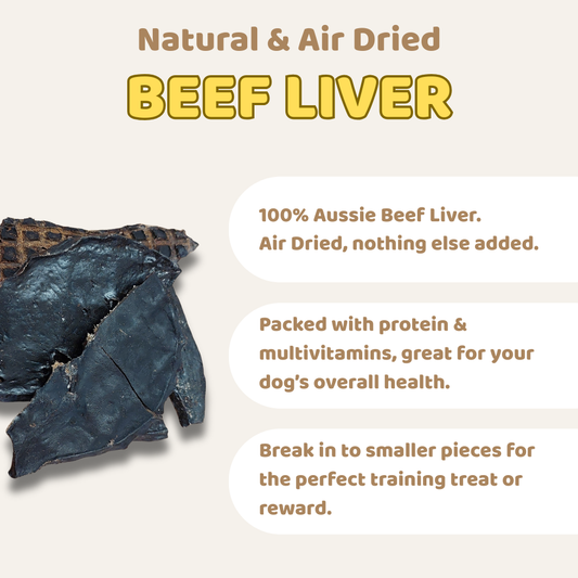 Air dried beef liver for dogs with text about its natural and air-drying process.