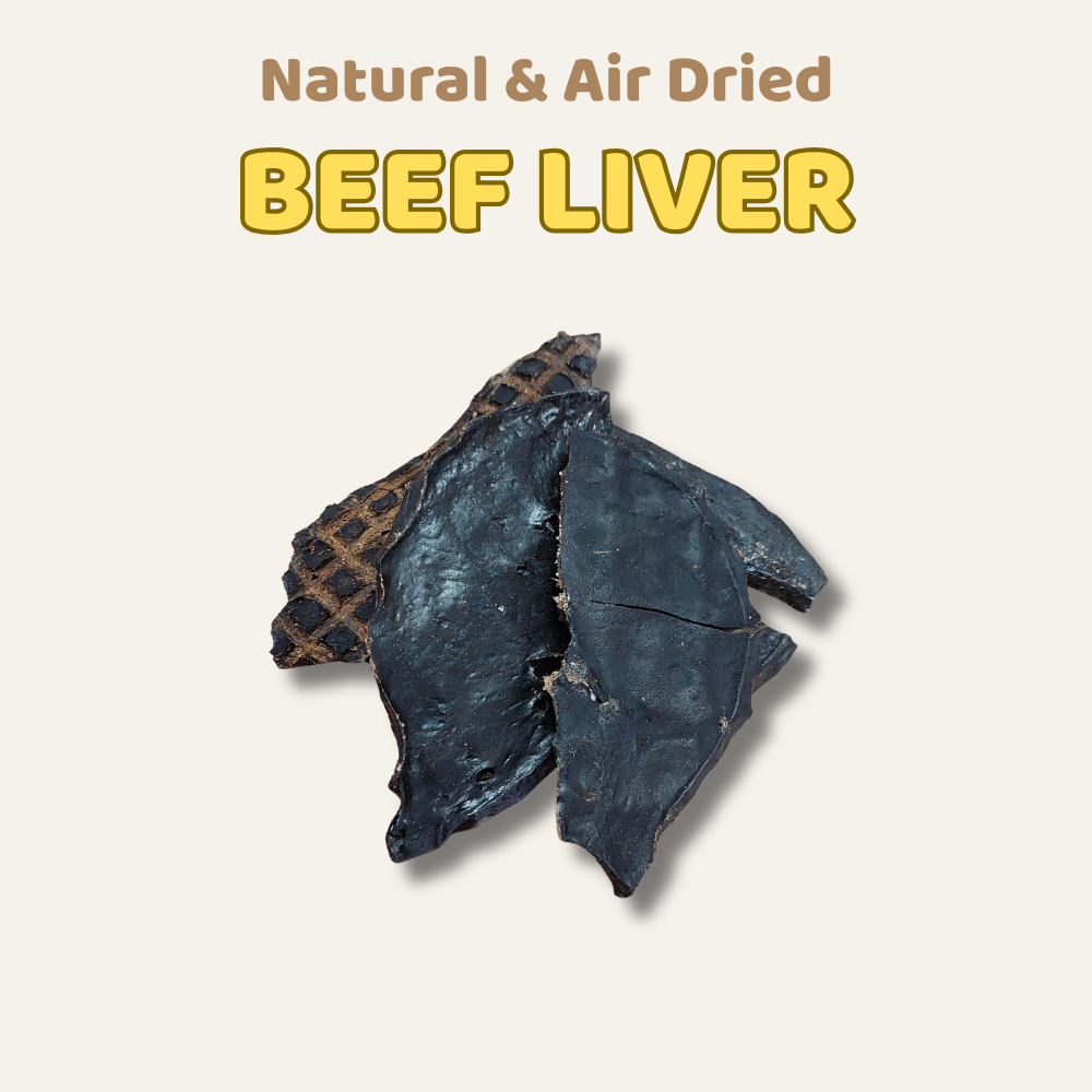 Dried beef liver on a beige background with text 'Natural & Air Dried BEEF LIVER'.
