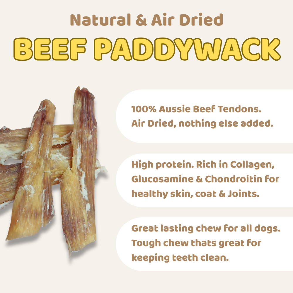Beef paddywack with text about natural and air-dried beef tendons for dogs.