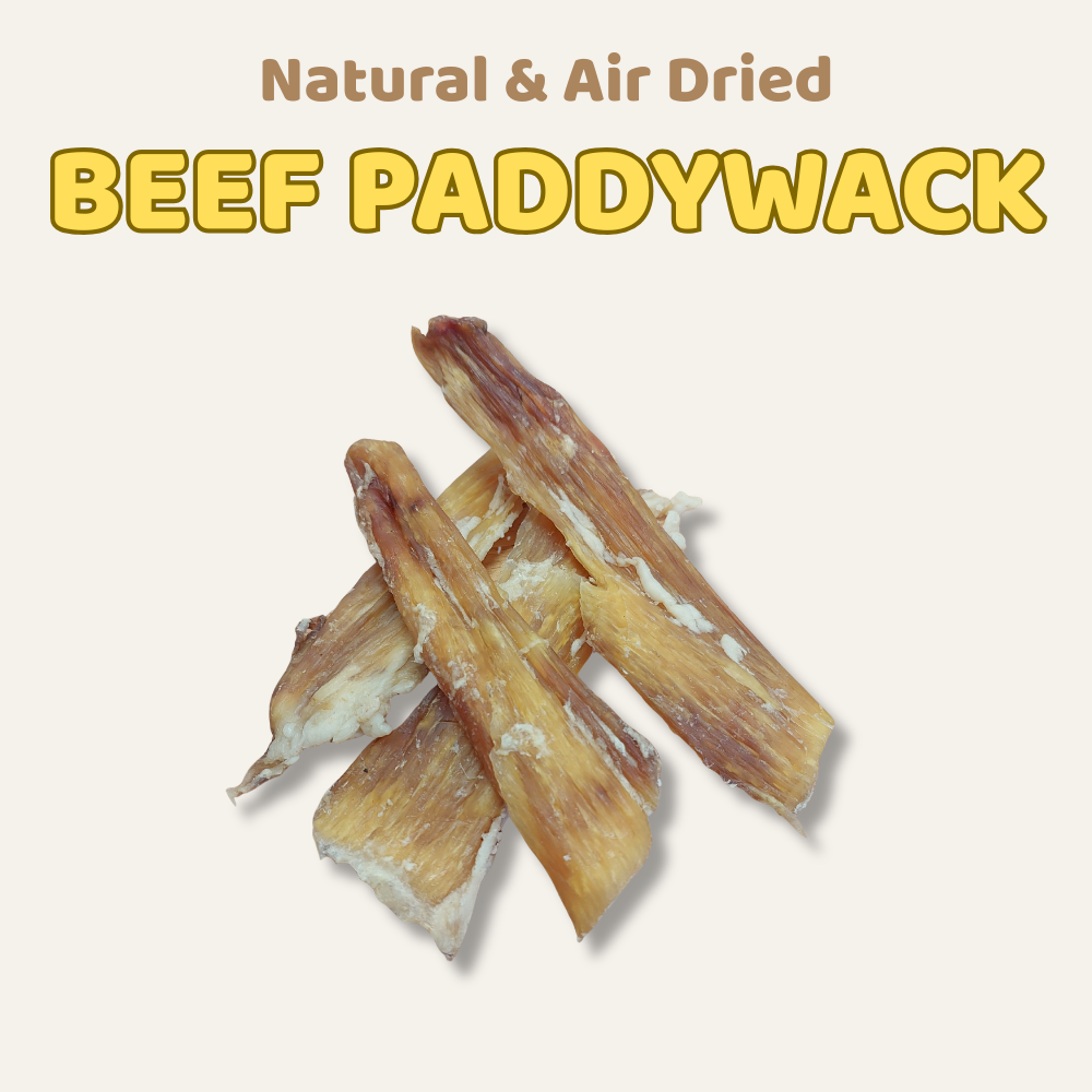 Air dried beef paddywack on a white background with text 'Natural & Air Dried BEEF PADDYWACK'.