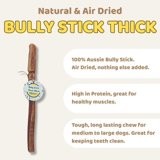 Bully stick thick with text about its natural and air-dried nature, high protein content, and benefits for dogs.