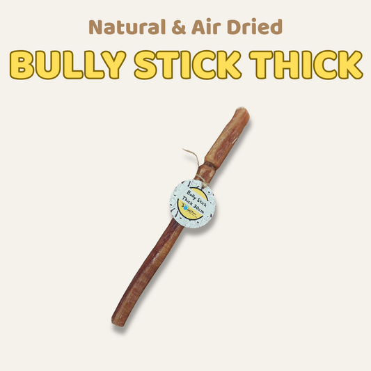 Bully stick thick on a beige background with text 'Natural & Air Dried Bully Stick Thick'.