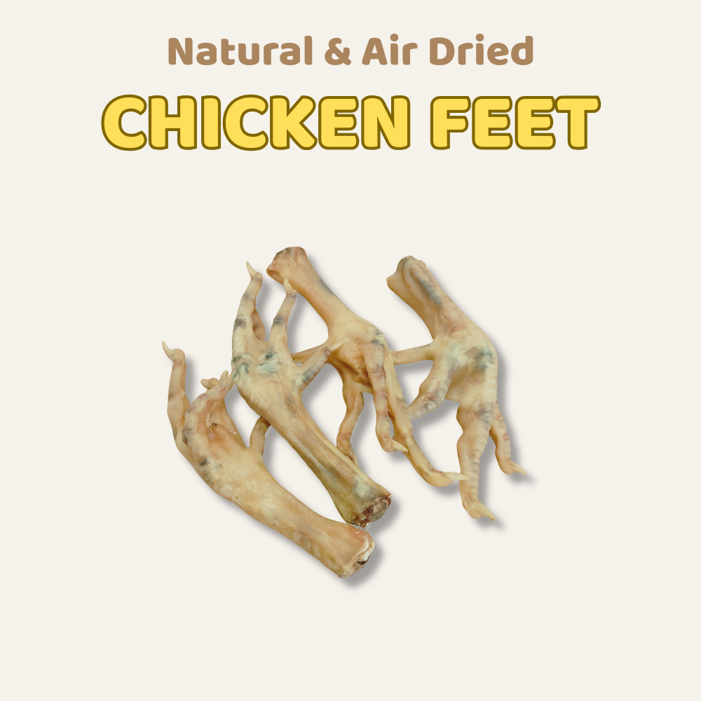 Air dried chicken feet on a beige background with text 'Natural & Air Dried Chicken Feet'.