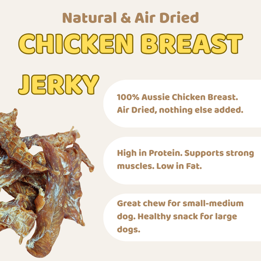 Advertisement for natural and air-dried chicken breast jerky with product details on a beige background.