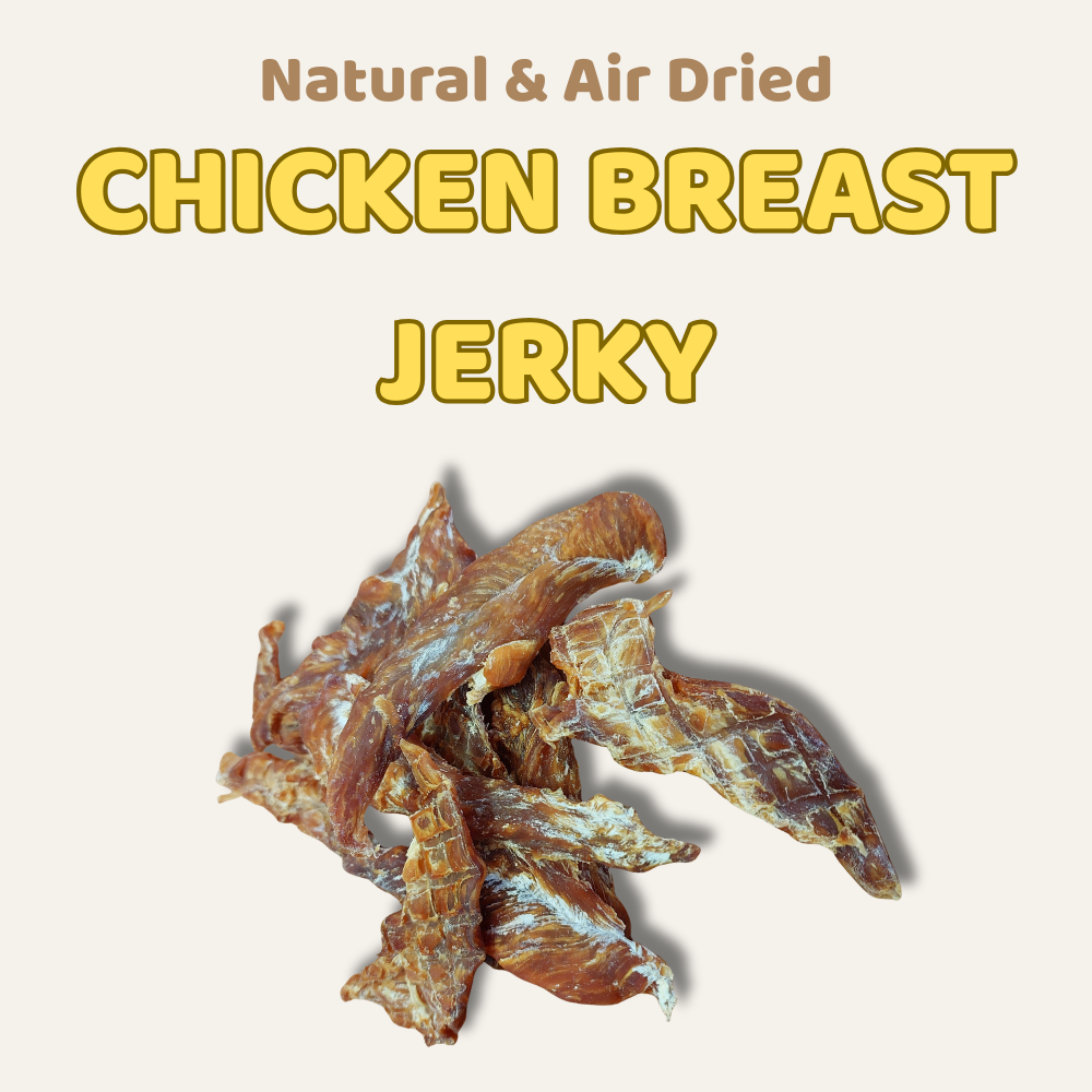Chicken breast jerky with text 'Natural & Air Dried Chicken Breast Jerky' on a beige background