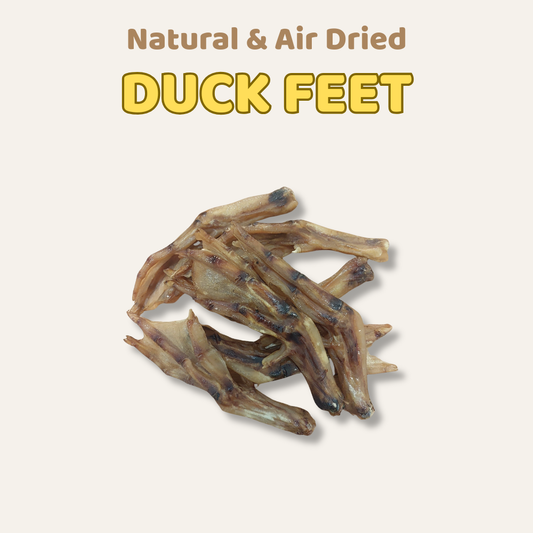 Air dried duck feet with text 'Natural & Air Dried Duck Feet' on a beige background
