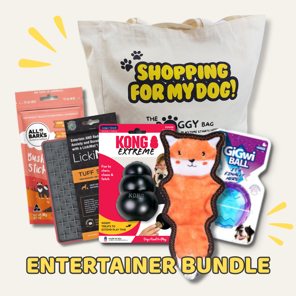 Dog entertainment bundle with toys and treats on a white background