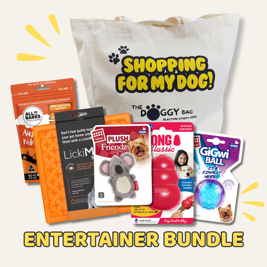 Dog product bundle with 'Shopping for My Dog!' tote bag on a white background