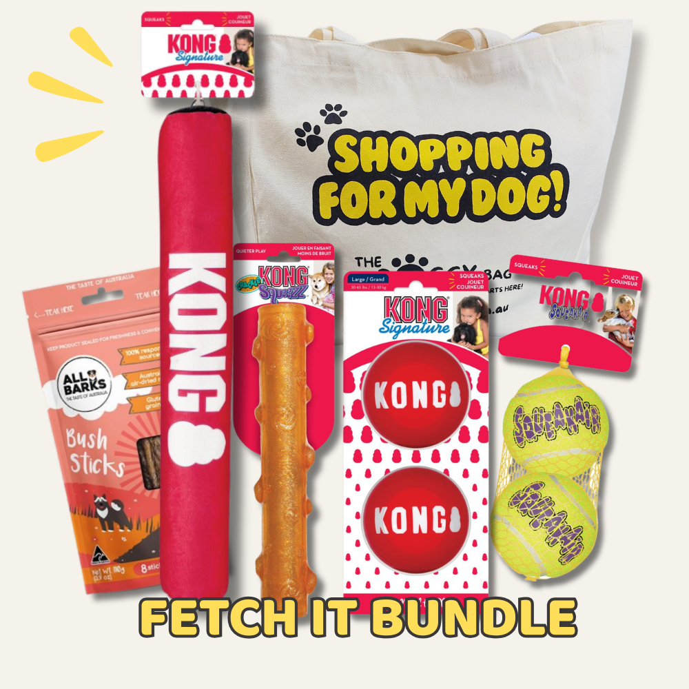 Kong pet products including a red tube, package of bush sticks, and two tennis balls on a white background with 'Shopping for my dog!' text.