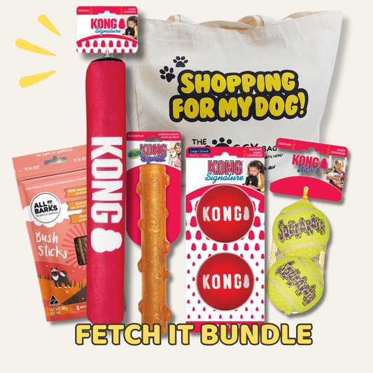Kong pet products including a red tube, package of bush sticks, and two tennis balls on a white background with 'Shopping for my dog!' text.
