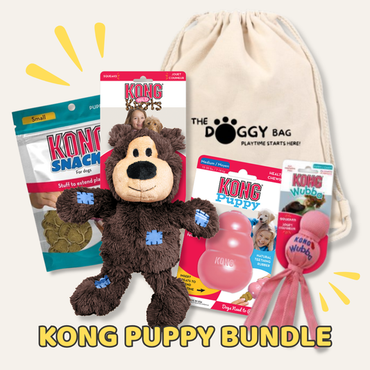 Kong Puppy Bundle with toys and snacks on a white background