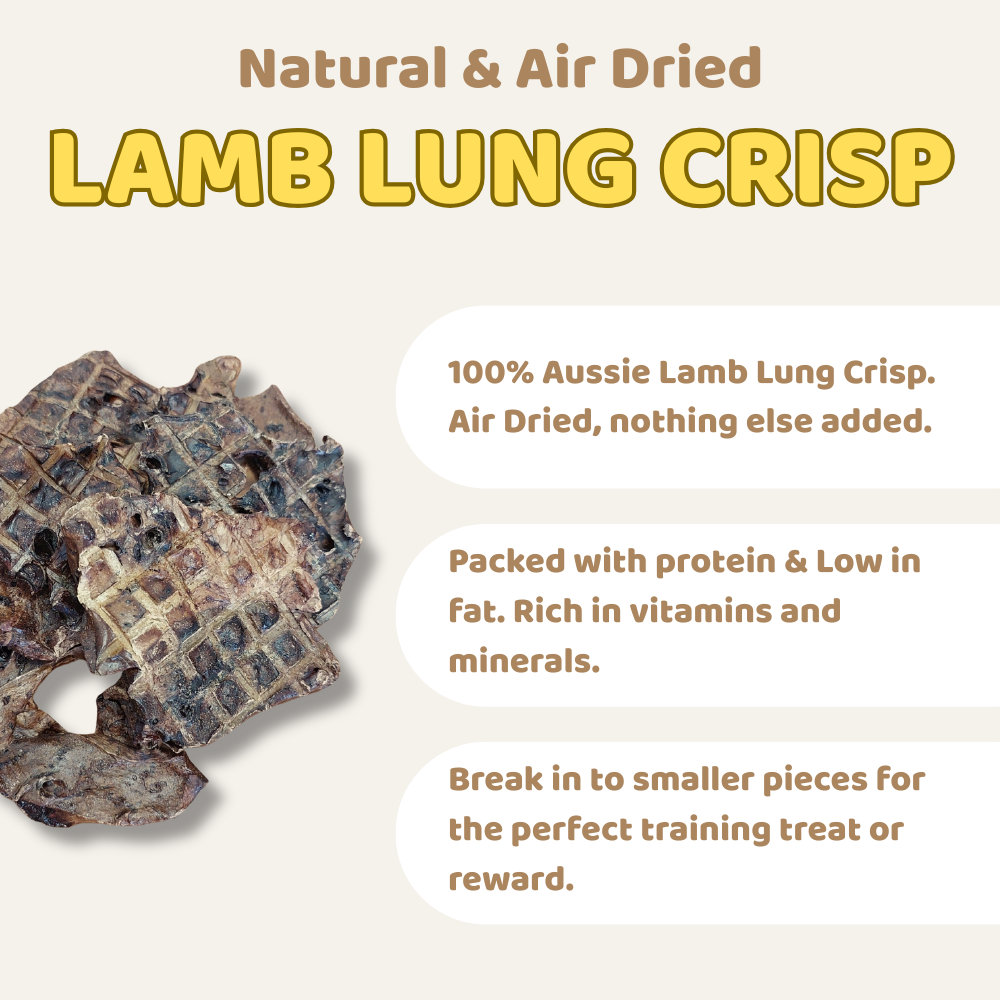 Lamb lung crisp with text about its natural and air-drying process, nutritional benefits, and uses.